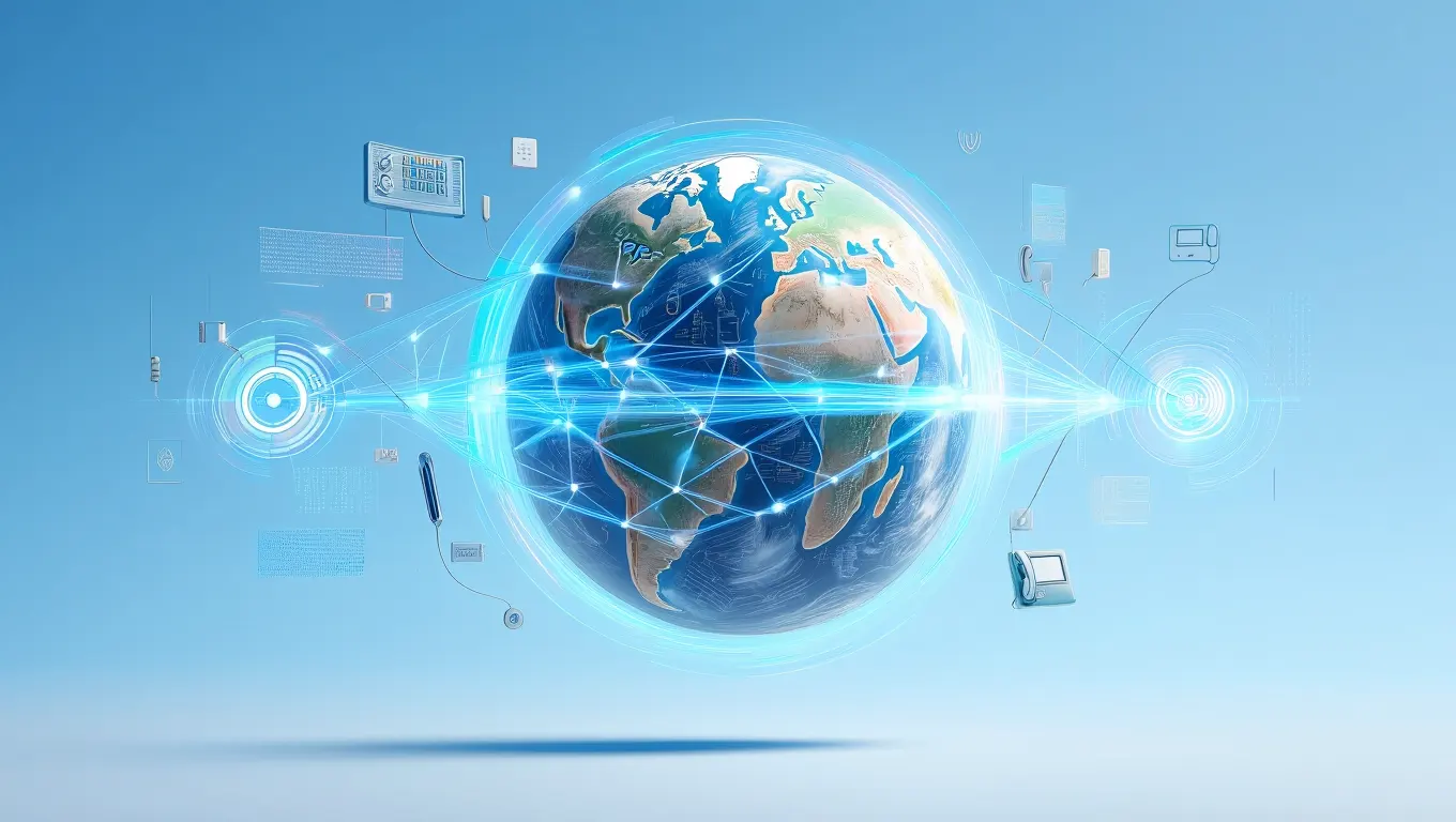 Connectors IP telephony, intercom, VoIP, cabling, PABX, and PBX solutions showcasing global communication infrastructure.